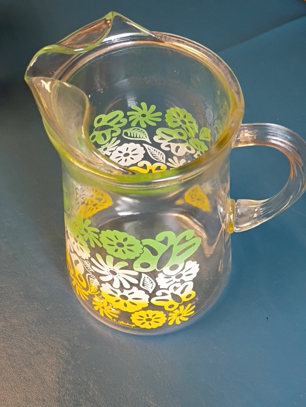 Clear Floral Glass Pitcher in Yellow & Green - Unbranded